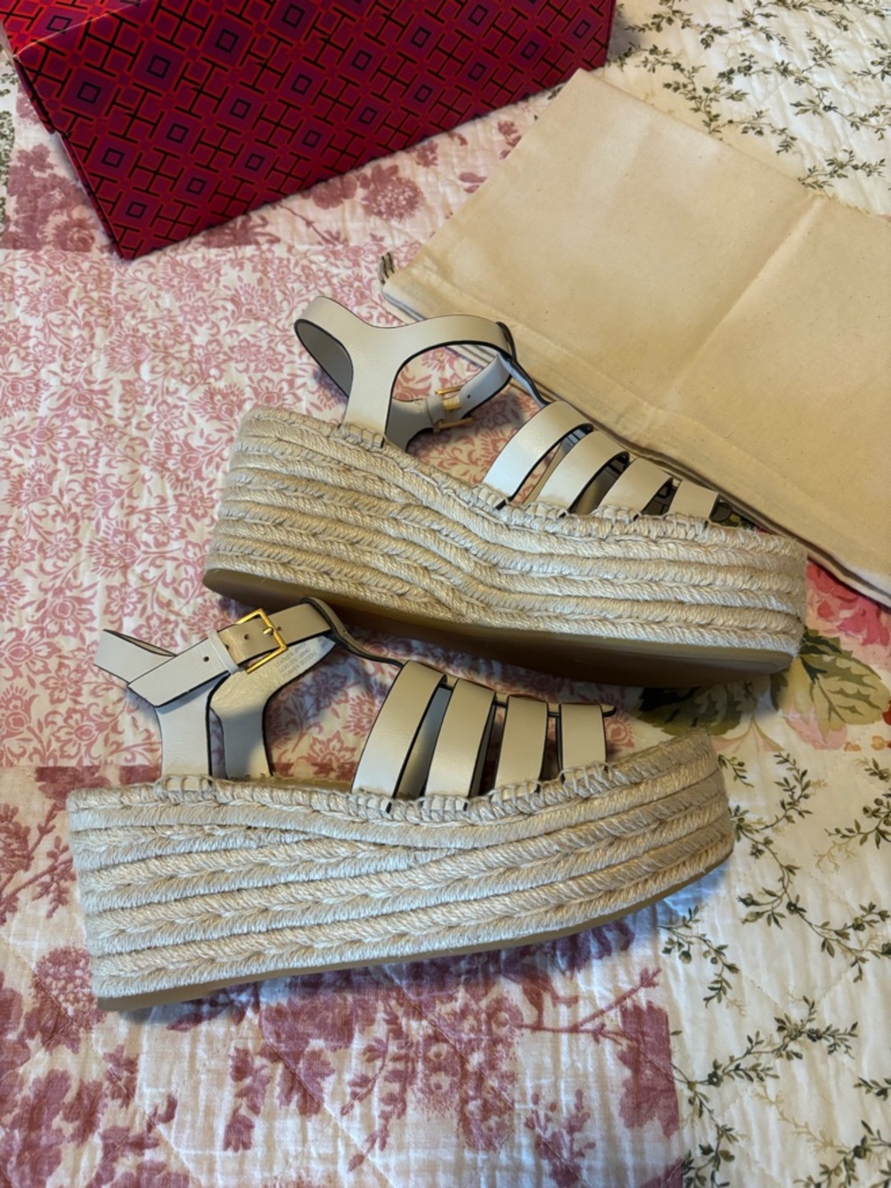 Tory Burch Ivory Vachetta Leather Strappy Espadrille Wedges Sandals - Picture 11 of 16